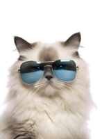 avvicinamento foto di un' freddo gatto in posa indossare bicchieri e guardare freddo isolato su un' trasparente sfondo png