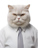 close-up photo of a fat cat wearing an office uniform shirt isolated on a transparent background png