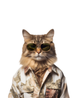 retrato de un frio gato vistiendo verano ropa y Gafas de sol aislado en un transparente antecedentes png