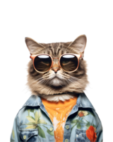 retrato de un frio gato vistiendo verano ropa y Gafas de sol aislado en un transparente antecedentes png