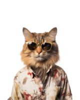 retrato de un frio gato vistiendo verano ropa y Gafas de sol aislado en un transparente antecedentes png