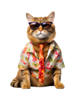 retrato de un frio gato vistiendo verano ropa y Gafas de sol aislado en un transparente antecedentes png