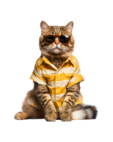 Cool cat sitting relaxing wearing summer clothes and sunglasses isolated on a transparent background png