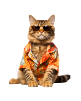 Cool cat sitting relaxing wearing summer clothes and sunglasses isolated on a transparent background png