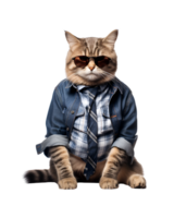 Cool cat sitting relaxing wearing summer clothes and sunglasses isolated on a transparent background png