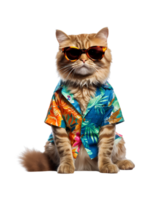 Cool cat sitting relaxing wearing summer clothes and sunglasses isolated on a transparent background png