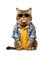 Cool cat sitting relaxing wearing summer clothes and sunglasses isolated on a transparent background png