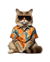 Cool cat sitting relaxing wearing summer clothes and sunglasses isolated on a transparent background png