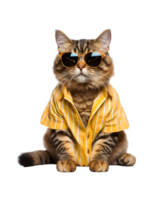 Cool cat sitting relaxing wearing summer clothes and sunglasses isolated on a transparent background png