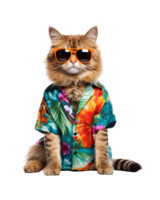 legal gato sentado relaxante vestindo verão roupas e oculos de sol isolado em uma transparente fundo png