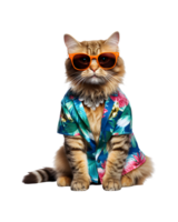 legal gato sentado relaxante vestindo verão roupas e oculos de sol isolado em uma transparente fundo png