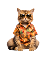 Cool cat sitting relaxing wearing summer clothes and sunglasses isolated on a transparent background png