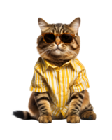 Cool cat sitting relaxing wearing summer clothes and sunglasses isolated on a transparent background png