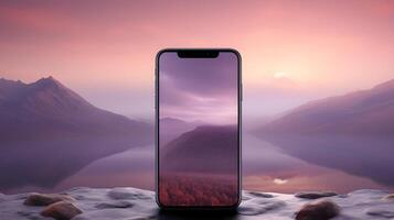 Phone on a table in front of a mountain. photo