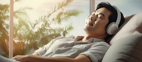 Serenity Asian man on couch enjoying relaxation with music headphones and peaceful thoughts photo
