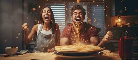 Couple enjoying cooking pancakes together at home photo