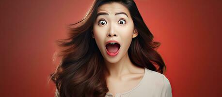 Excited Asian woman presenting a product with a surprised and happy expression and open mouth looking at the copy space photo