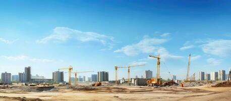 Construction site with unfinished residential buildings and copy space captured using a wide angle lens under a blue sky photo