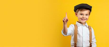 chico en casual ropa con libros señalando a vacío espacio sonriente aislado en amarillo foto