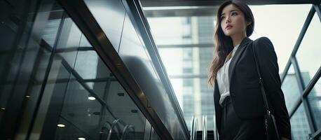 Minimal shot of young businesswoman using phone and waiting for elevator in modern office building with copy space photo