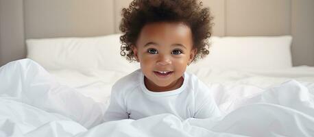 African American baby in bodysuit crawling on bed with selective focus photo