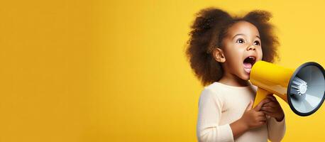 African American girl shouting sharing news with copy space on yellow studio background photo