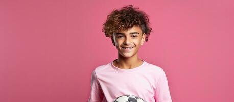 Arabic boy holding soccer ball in pink background with space photo