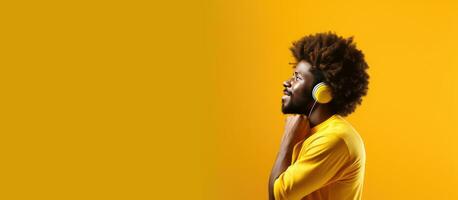 African man contemplating on yellow background with room for writing photo