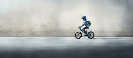 Blurry boy riding bike against gray wall cheerful child cycling in city motion blur photo