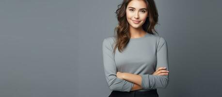 sonriente joven mujer con elegante atuendo poses en gris antecedentes participación manos en bolsillos mira a cámara Copiar espacio foto