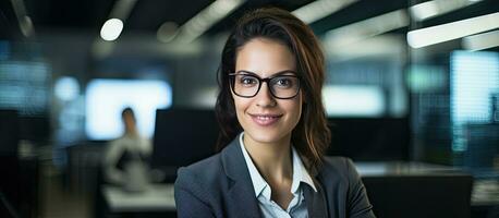 A woman IT developer poses with a smile surrounded by code in an office photo