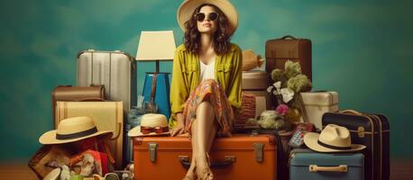 Young woman preparing to travel packing suitcase and gathering travel documents ready for vacation photo