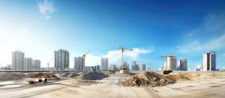 construcción sitio con inconcluso residencial edificios y Copiar espacio capturado utilizando un amplio ángulo lente debajo un azul cielo foto