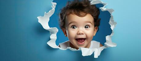 Toddler in a hole on blue paper with torn headshot background and empty area 18 month old child photo