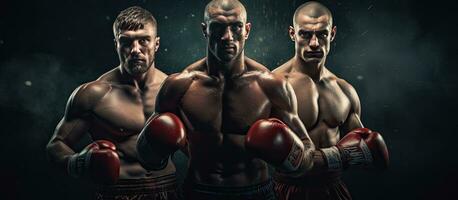 Three boxers competing in a sport concept on a dark background with available space for text photo