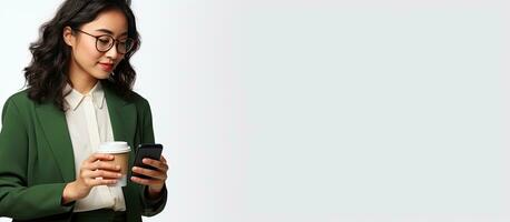 Asian woman using smartphone app while holding coffee and wearing glasses isolated on white background photo