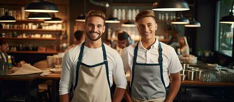 Two young waiters in aprons doing inventory in cafe copy space waist up photo