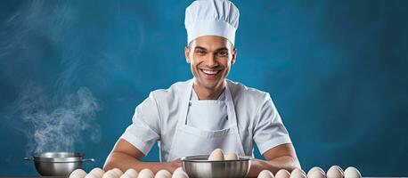 Chef or cook preparing food by beating eggs in a bowl isolated on blue background photo