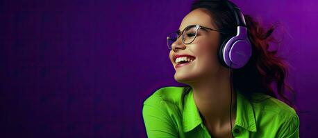 joven niña en verde parte superior y lentes disfrutando música con auriculares aislado en púrpura antecedentes foto
