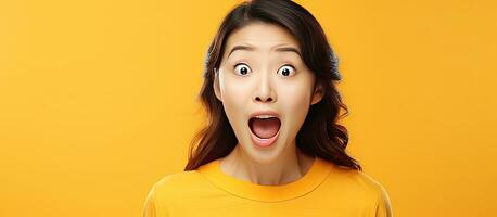 Asian woman smiling with excitement expressing joy and showcasing a product with expressive facial expressions isolated on yellow background photo