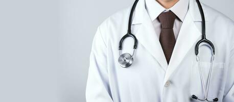 A doctor in a white coat glasses and stethoscope poses for a portrait with a blank background leaving room for health related text photo