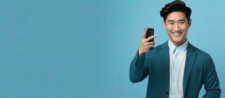 Smiling Asian man points at copy space on blue background with phone photo