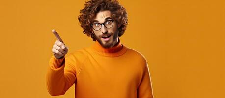 Shocked hipster guy in casual outfit pointing aside offering huge sale on orange studio background for banner design photo