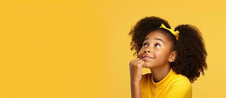 Thoughtful smiling Black girl on yellow background looks at empty space Happy mixed race teenager considers a great sale or promotion Ad idea photo