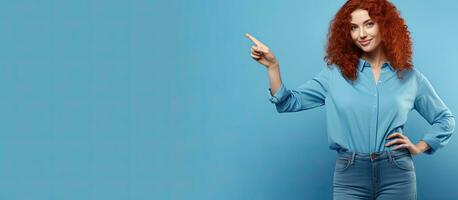 Full body view of cheerful woman with red hair wearing blue shirt and jeans standing over blue background pointing to side with banner space for design photo