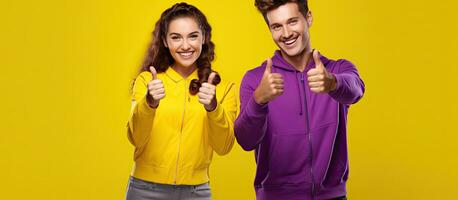 Two joyful friends wearing yellow casual clothes posing happily together for a portrait in a studio on a plain violet background giving a fist bump in photo