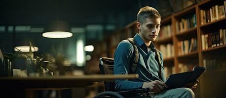 discapacitado estudiante en silla de ruedas estudiando en biblioteca elegir libros Copiar espacio foto