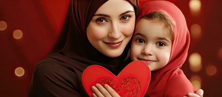 pequeño niña dando madre un regalo corazón dibujado en saludo tarjeta madre vistiendo hijab contento niño abrazando madre y sonriente a el cámara foto