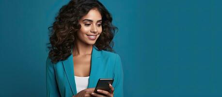 Latin woman shopping online on cellphone looking aside isolated on blue background photo