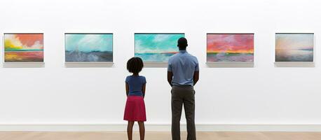 African American family observing paintings in modern art gallery minimal back view photo